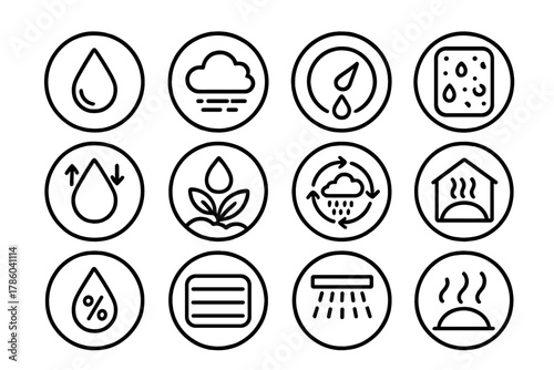Humidity Control Icons. Line style icons of humidity control in round shape: water droplet, mist cloud, humidity meter, fogged