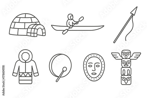 Arctic Culture Icons. Line style icons of Arctic culture: Inuit igloo, kayak, sled, harpoon, fur clothing, drum, mask, totem, No