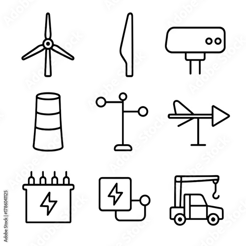 Wind Energy Icons. Line style icons of Wind Energy Generation: horizontal-axis turbine, rotor blade, nacelle, tower section,
