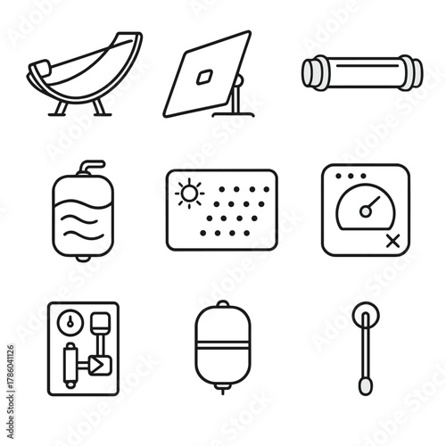 Solar Collector Icons. Line style icons of Solar Thermal Collectors: parabolic trough, heliostat mirror, receiver tube, heat