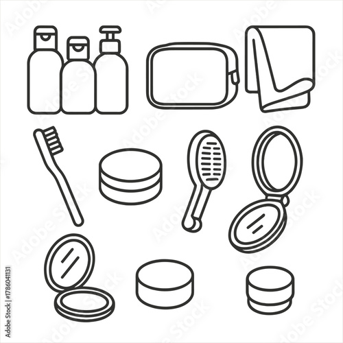 Travel Toiletries Icons. Line style icons of Travel Toiletries Set: TSA bottles, refillable containers, toiletry bag, microfiber