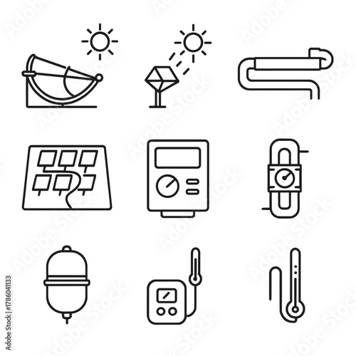 Solar Collector Icons. Line style icons of Solar Thermal Collectors: parabolic trough, heliostat mirror, receiver tube, heat