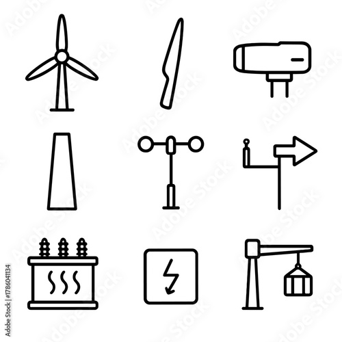 Wind Energy Icons. Line style icons of Wind Energy Generation: horizontal-axis turbine, rotor blade, nacelle, tower section,