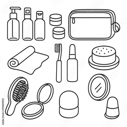 Travel Toiletries Icons. Line style icons of Travel Toiletries Set: TSA bottles, refillable containers, toiletry bag, microfiber