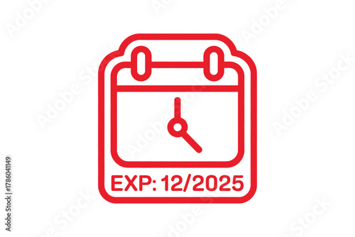 A red graphic icon of a calendar with a clock face and the text EXP: 12/2025 is displayed against a white background.