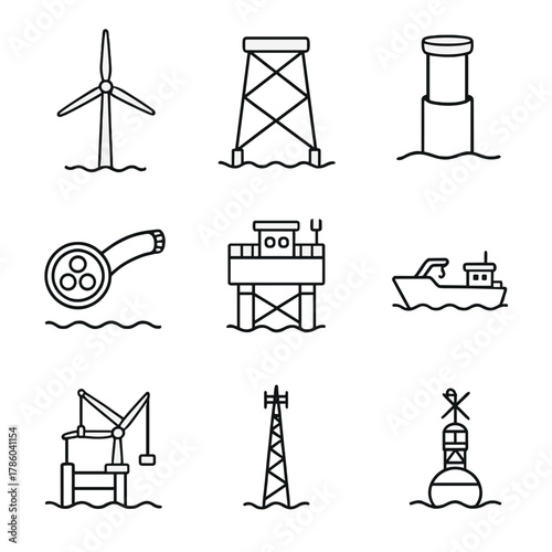 Offshore Wind Farm Icons. Line style icons of Offshore Wind Farms: offshore turbine, jacket foundation, transition piece, export