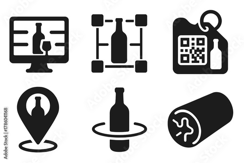 Digital Wine Icons. Solid style icons of digital vintage records: virtual wine cellar icon, blockchain wine ledger, age