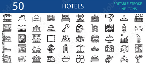 Editable stroke icons of hotel and hospitality concepts. Includes rooms, luggage, bell service, concierge, food, swimming pool, gym, taxi, airport shuttle, and hotel staff icons.