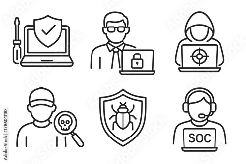 Ethical Hacking Icons. Line style icons of ethical hacking career paths: penetration tester icon, security analyst role, red team