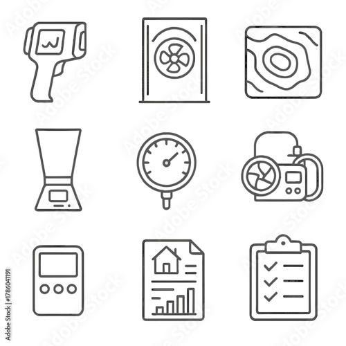 Energy Audit Icons. Line style icons of Energy Audit Essentials: infrared camera, blower door fan, thermal imaging map, flow hood,