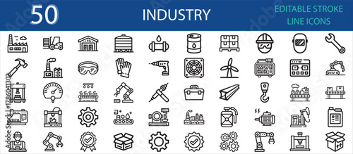 Editable line icon pack of industry and manufacturing concepts. Includes factory, machines, tools, robots, workers, safety gear, production line, automation, and mechanical parts.
