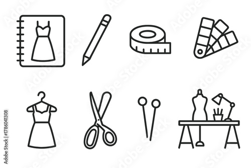 Fashion Studio Icons. Line style icons of Fashion Studio: Sketchbook, Pencil, Tape Measure, Color Palette, Dress on Hanger, Fabric