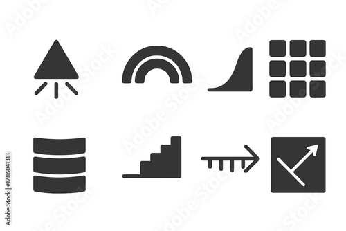 Spectrum Bands Icons. Solid style icons of spectrum bands and wavelengths: UV band icon, visible spectrum arc, near-infrared light