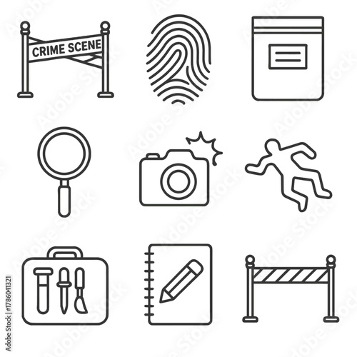Crime Scene Icons. Line style icons of Crime Scene Investigation: crime tape, fingerprint print, evidence bag, magnifying glass,