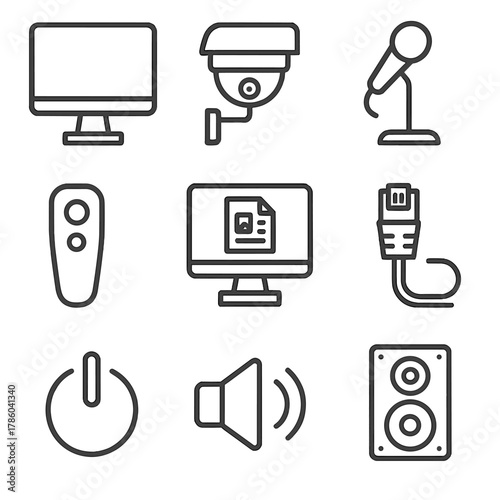 Courtroom Technology Icons. Line style icons of Courtroom Technology: video monitor, courtroom camera, microphone stand, digital