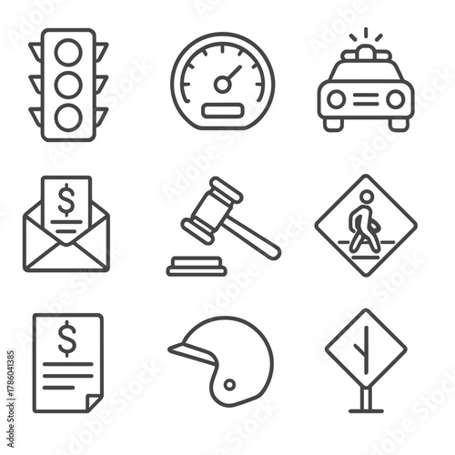 Traffic Law Icons. Line style icons of Traffic Law Elements: traffic light, speedometer, police car, ticket envelope, gavel,