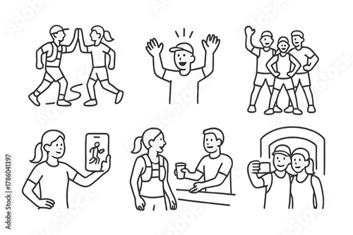Ultra Trail Icons. Line style icons of ultra community moments: trail high five, cheering stranger, group start pose, social media