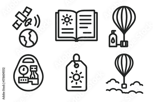 High-Altitude Balloon Icons. Line style icons of High-Altitude Ballooning: satellite tracking icon, launch day logbook, balloon