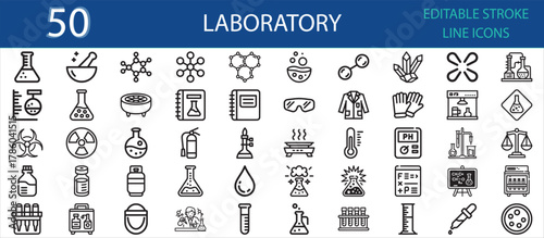 Editable stroke icon pack of laboratory and chemistry tools. Includes beakers, microscopes, molecules, gloves, pH meter, test tubes, flask, gas cylinder, goggles, and scientific experiments.
