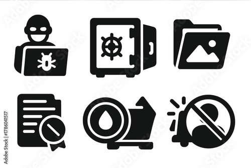 Archive Breach Icons. Solid style icons of archive breach scenarios: data theft panel, open vault icon, exposed art folder.