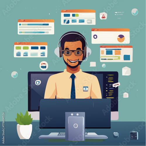A happy male customer support representative with a headset is working in his office with a computer and multiple windows open, illustrating remote work and customer service