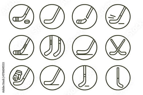 Hockey Stick Icons. Line style icons of hockey sticks in round shape: stick with puck, curved blade stick, broken stick, stick in
