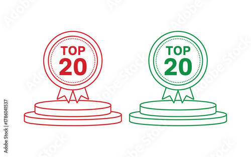 Two outline icons of podiums, one red and one green, each displaying the text 'TOP 20' within a circular badge with ribbons.