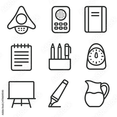 Meeting Supplies Icons. Line style icons of Meeting Supplies: conference phone, speakerphone, agenda pad, notepad, pen set, timer,