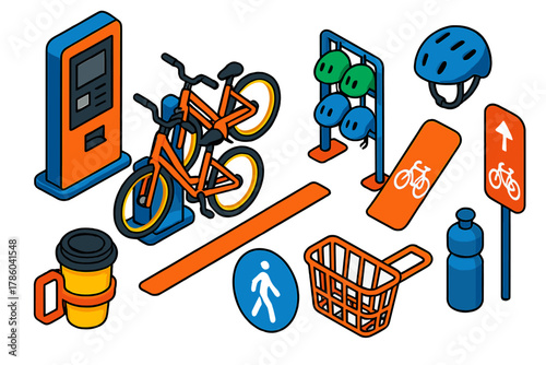Climate Action Icons. Isometric vector illustration set Climate action – bike share station, docked bicycles, helmet rack; bike