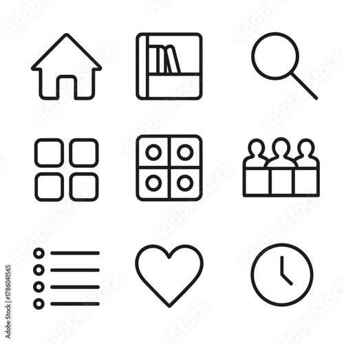 Library Navigation Icons. Line style icons of Library Navigation: home icon, library shelf, search magnifier, genres grid, albums