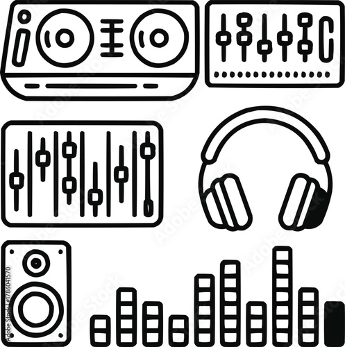 DJ and Dancefloor Outline Icon Set   Turntables, Mixer, Headphones, and Speakers