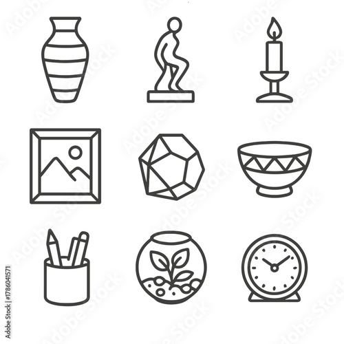 Decorative Desk Icons. Line style icons of Decorative Desk Accents: decorative vase, desk sculpture, candle holder, wall art frame