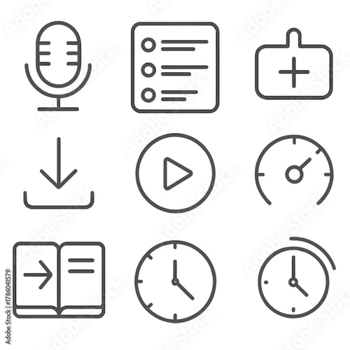 Podcast Player Icons. Line style icons of Podcast Player: microphone icon, episode list, subscribe button, download episode, play
