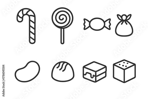 Confectionery Line Icons. Line style icons of Confectionery: Candy Cane, Lollipop, Toffee, Bonbon, Jelly Bean, Chocolate Truffle,