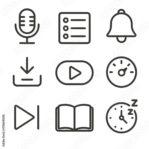 Podcast Player Icons. Line style icons of Podcast Player: microphone icon, episode list, subscribe button, download episode, play