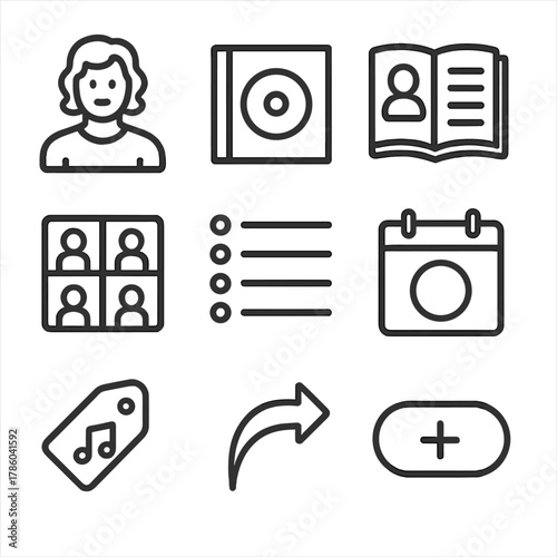 Music Icons Collection. Line style icons of Artist & Album Details: artist portrait, album photo frame, bio book icon, related