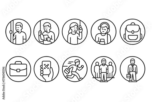 Subway Commuters Icons. Line style round vector icons of Subway Commuters: Standing Passenger, Reading a Book, Holding Strap,