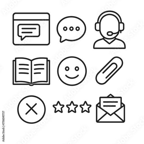 Live Chat Support Icons. Line style icons of Live Chat Support: chat window, typing dots, agent headset, knowledge base book,