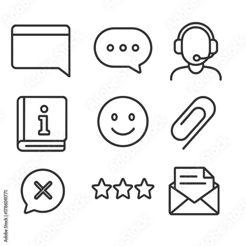 Live Chat Support Icons. Line style icons of Live Chat Support: chat window, typing dots, agent headset, knowledge base book,