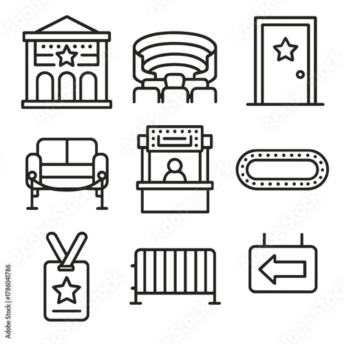 Rock Venue Icons. Line style icons of Rock Venue Features: concert hall facade, amphitheater seating, backstage door, VIP lounge,