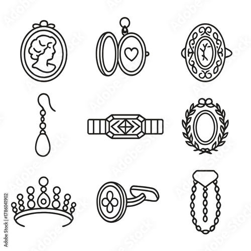 Vintage Jewelry Icons. Line style icons of Vintage Jewelry: cameo brooch, locket pendant, filigree ring, seed pearl earring, art