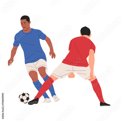 Soccer players in action, football match with red and blue teams competing for the ball, flat vector illustration of dynamic sports moments.Good for poster,event, education,learning and more