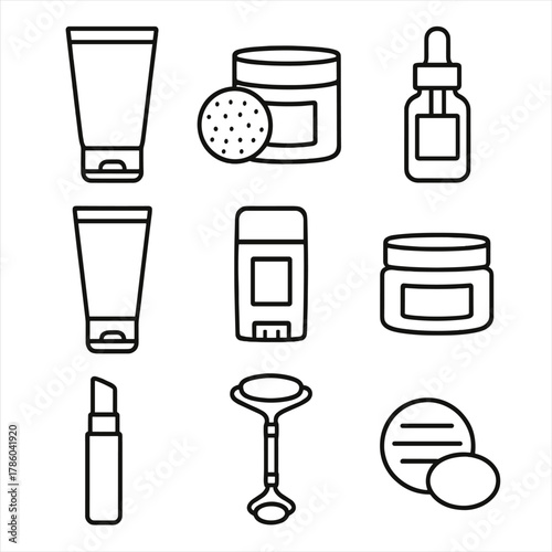 Skincare Essentials Icons. Line style icons of Skincare Morning Routine: facial cleanser tube, toner pad, vitamin C serum bottle,