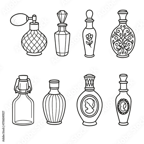 Vintage Perfume Bottles Icons. Line style icons of Vintage Perfume Bottles: cut glass atomizer, crystal stopper, porcelain vial,
