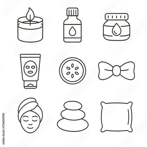 Spa Day Icons. Line style icons of Spa Day Items: scented candle, essential oil bottle, massage oil jar, face mask tube, cucumber