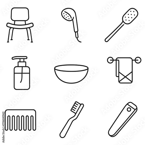 Personal Hygiene Icons. Line style icons of Personal Hygiene: shower chair, handheld sprayer, long-handled sponge, pump soap