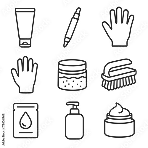 Hand Care Essentials. Line style icons of Hand Care Items: hand cream tube, cuticle oil pen, nail buffer, manicure glove, hand