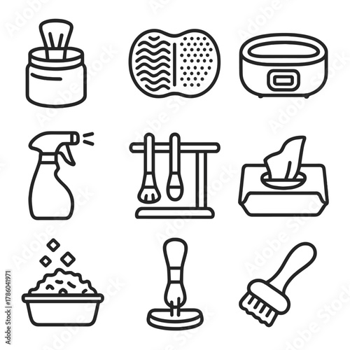 Beauty Tools Cleaning Icons. Line style icons of Beauty Tools Cleaning: brush cleanser jar, cleaning mat, ultrasonic cleaner,
