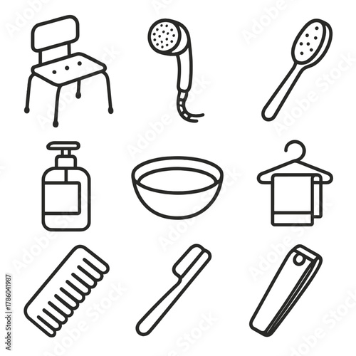 Personal Hygiene Icons. Line style icons of Personal Hygiene: shower chair, handheld sprayer, long-handled sponge, pump soap