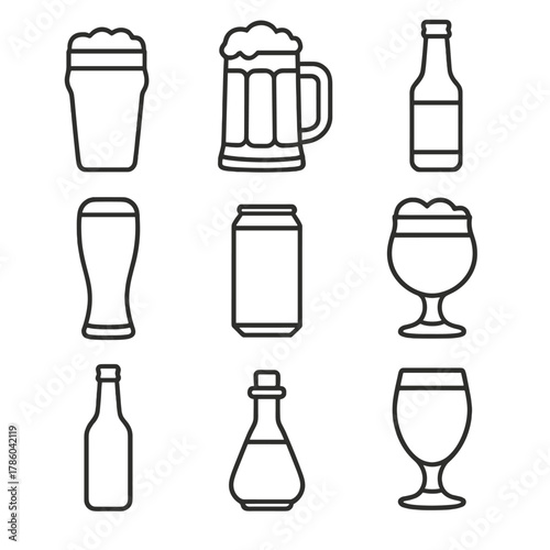Craft Beer Icons. Line style icons of Craft Beer Selection: IPA pint, stout mug, lager bottle, pilsner glass, porter can, wheat